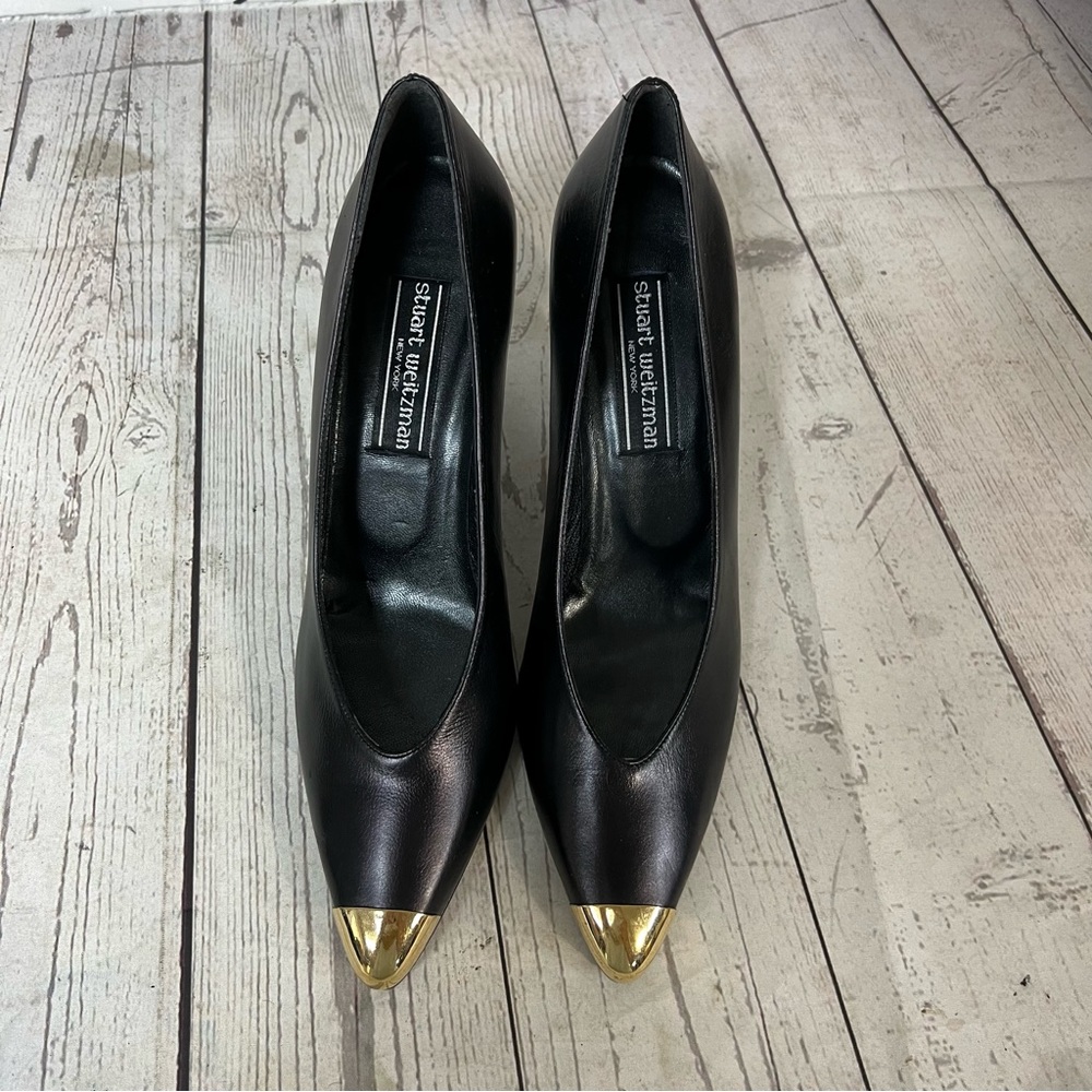 Stuart Weitzman Vintage Heels Black Gold Cap Toe Size 9 SS Narrow Leather READ - Picture 14 of 16